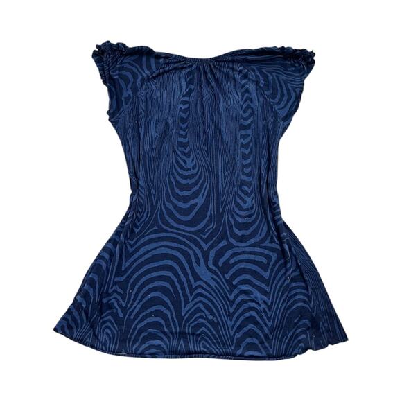 Testament Blue/Navy retro printed y2k short sleeve top with ruffled sleeves S - Picture 6 of 6